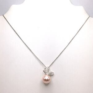 Signed Avon NRT Faux Pink Pearl Rhinestone Butterfly Pendant Necklace Feminine